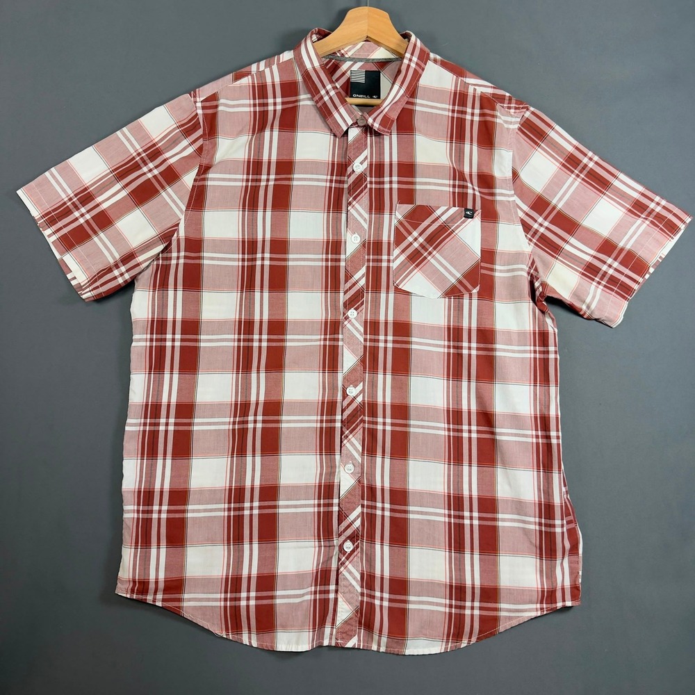 O'Neill Mens XL Plaid Polo Shirt Red White Short Sleeve Casual Cotton Blend
